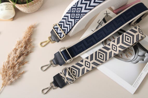 Navy Blue Leather Bag Strap: Patterned Wide Shoulder Strap with Silver Hardware