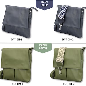 Peut inclure: Sacs messagers bleu marine et vert kaki. L'option 1 est de couleur unie, tandis que l'option 2 a une bandouli&egrave;re &agrave; motifs. Les sacs ont une fermeture &agrave; rabat et une bandouli&egrave;re. Le texte "NAVY BLUE" et "KHAKI GREEN" est affich&eacute;.