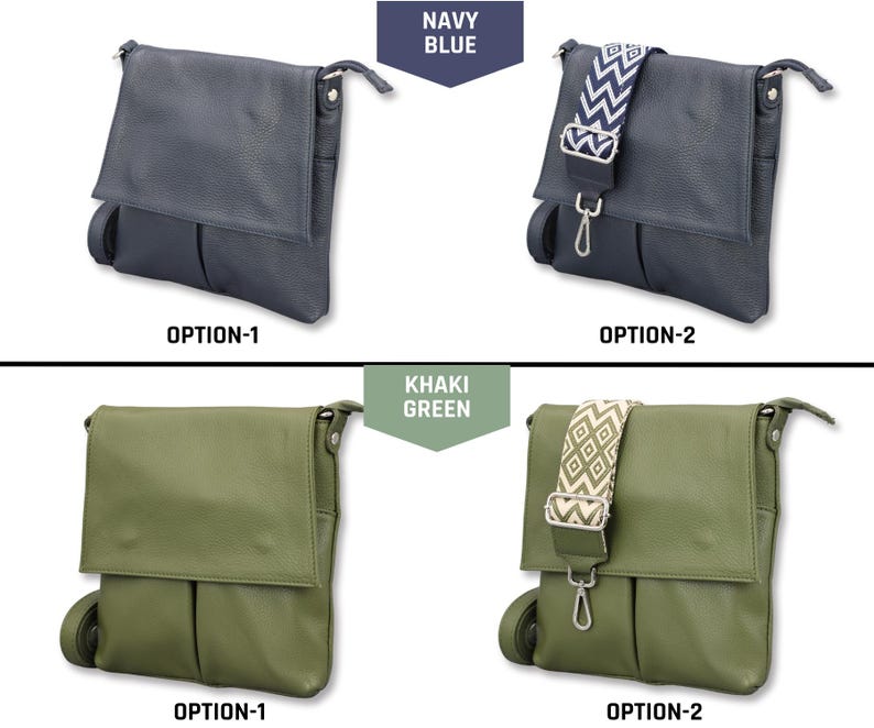 Peut inclure: Sacs messagers bleu marine et vert kaki. L'option 1 est de couleur unie, tandis que l'option 2 a une bandouli&egrave;re &agrave; motifs. Les sacs ont une fermeture &agrave; rabat et une bandouli&egrave;re. Le texte "NAVY BLUE" et "KHAKI GREEN" est affich&eacute;.