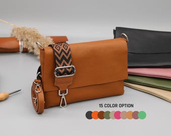 Slim Leather Crossbody Bag with Patterned Strap