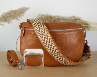 Cognac Brown Leather Belly Bag with Silver zippered pockets, extra Patterned Straps, Leather Shoulder Bag, Crossbody Bag, gift for her