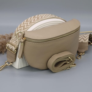 Taupe Leather Belly Bag: Gold Hardware, Patterned Straps