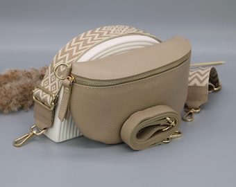 Taupe Leather Belly Bag: Gold Hardware, Patterned Straps