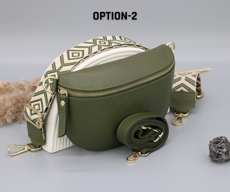 Khaki Olive Green Gold Leather Belly Bag for Women with extra Patterned Straps, Leather Shoulder Bag, Crossbody Bag with Different Sizes Option-2