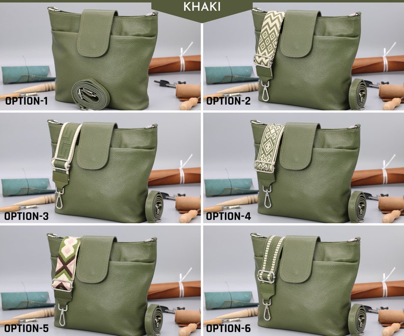 Bolso bandolera de cuero para mujer con correas extra estampadas, bolso bandolera de cuero, bolso bandolera con diferentes colores Khaki