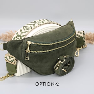 Khaki Grüne Wildleder Bauchtasche für Frauen mit extra gemusterten Riemen Optionen, Leder Schultertasche, Crossbody Tasche mit verschiedenen Farben Bild 3