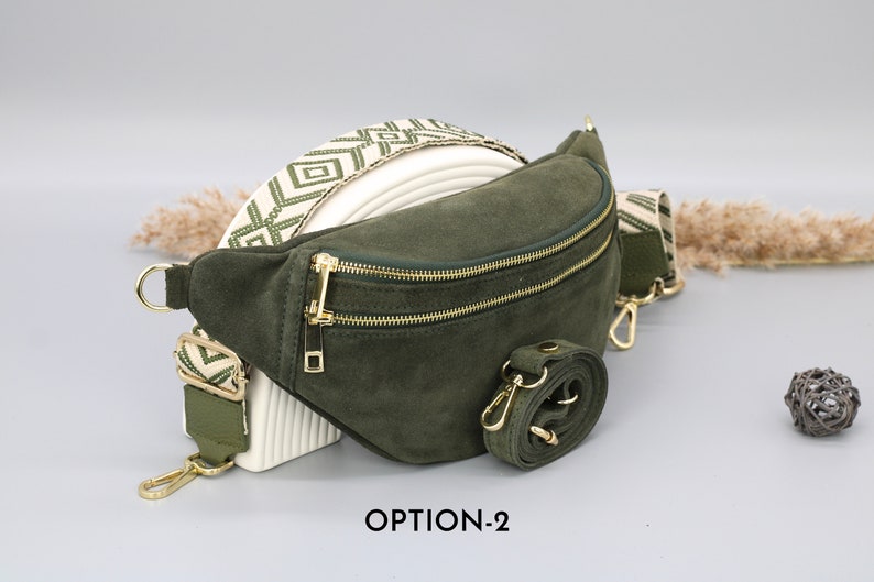 Sac de ventre en cuir suédé vert kaki pour femmes avec options de sangle à motifs supplémentaires, sac à bandoulière en cuir, sac crossbody avec différentes couleurs image 3