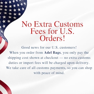 a red and white American flag, with a message stating "No Extra Customs Fees for U.S. Orders!"