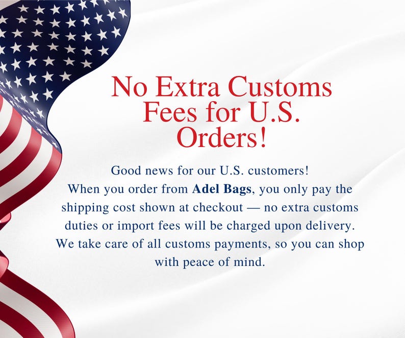 a red and white American flag, with a message stating "No Extra Customs Fees for U.S. Orders!"