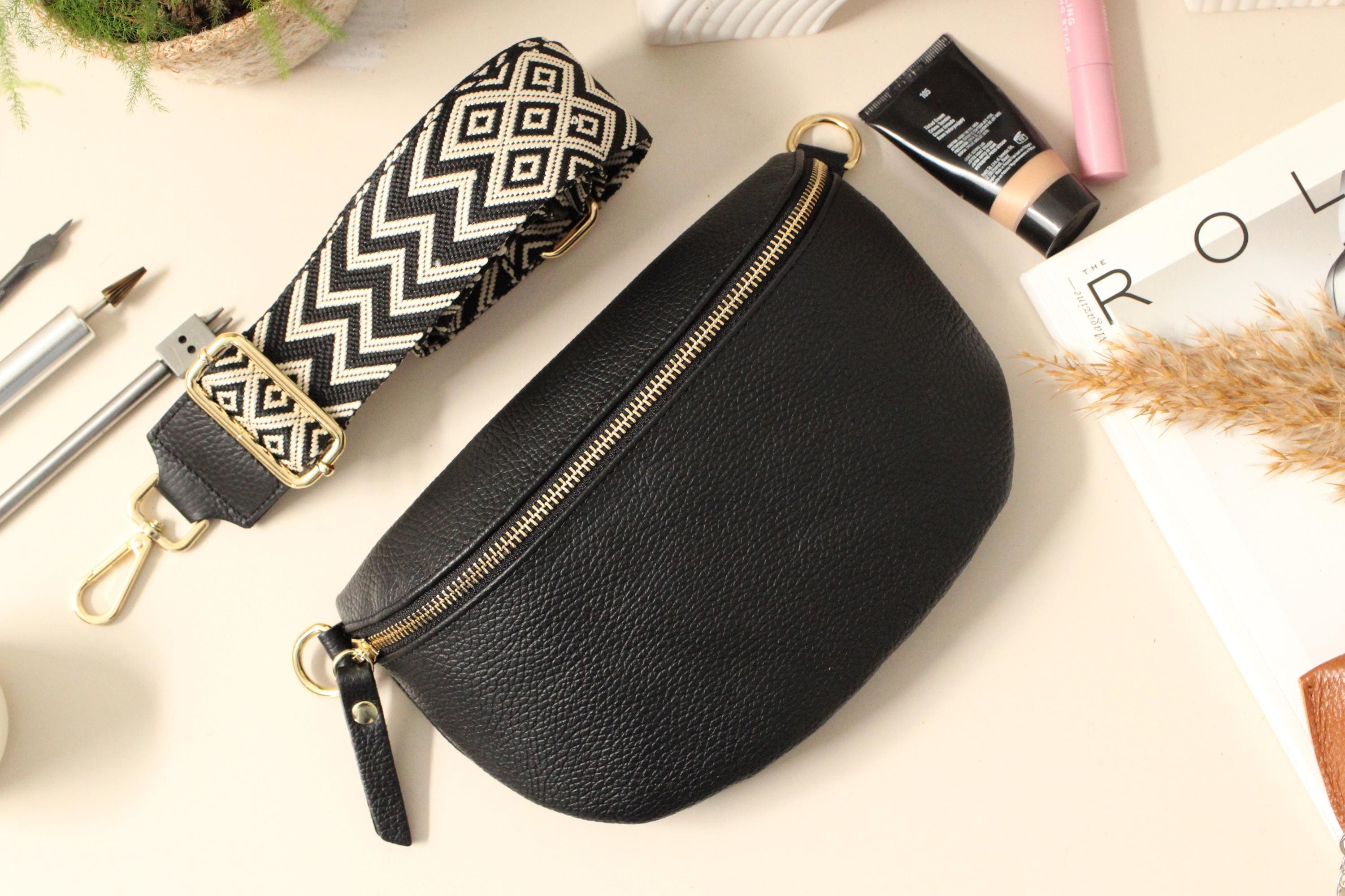 Black Gold Leather Belly Bag for Women with extra Patterned Straps, Leather Shoulder Bag, Crossbody Bag with Different Sizes