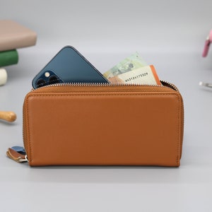 Carteira de couro fina para mulheres, carteira de telefone personalizada com compartimentos para cartões com compartimento para moedas com zíper, bolsa feminina, presente para ela