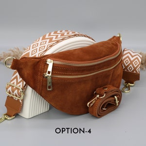 Sac de ventre en cuir en daim brun cognac pour femmes avec options de sangle à motifs supplémentaires, sac à bandoulière en cuir, sac crossbody avec différentes couleurs Option-4