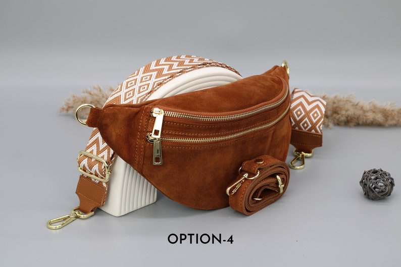 Sac de ventre en cuir en daim brun cognac pour femmes avec options de sangle à motifs supplémentaires, sac à bandoulière en cuir, sac crossbody avec différentes couleurs image 5