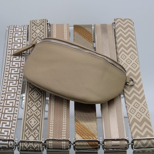 Taupe Leather Belly Bag for Women with extra Patterned Straps, Leather Shoulder Bag, Crossbody Bag with Different Sizes