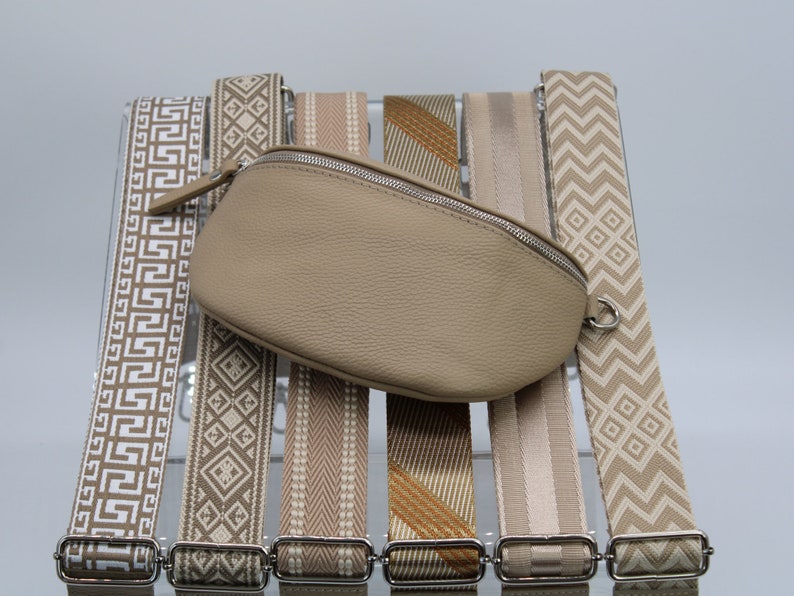 Taupe Leather Belly Bag for Women with extra Patterned Straps, Leather Shoulder Bag, Crossbody Bag with Different Sizes