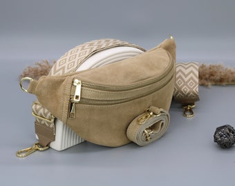 Sac de ventre en cuir taupe en daim pour femmes avec options de sangle à motifs supplémentaires, sac à bandoulière en cuir, sac crossbody avec différentes couleurs