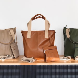 Leder Shopper Tragetasche : Damen Reißverschluss mit breitem Riemen