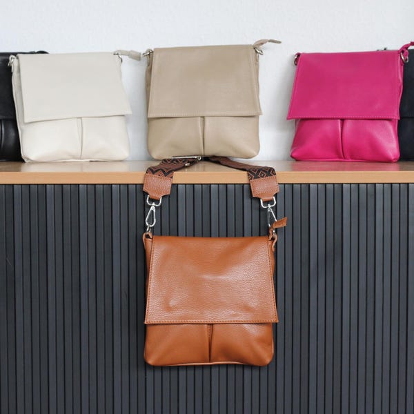 Leather Crossbody Bag with Patterned Strap: Handmade Italian Shoulder Bag