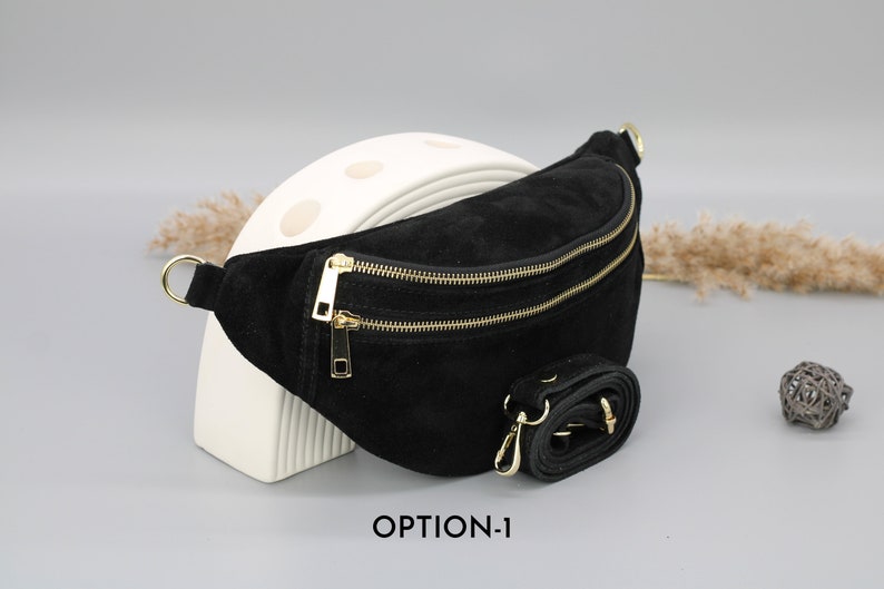 Sac de ventre en cuir suédé noir pour femmes avec options de sangle à motifs supplémentaires, sac à bandoulière en cuir, sac crossbody avec différentes couleurs Option-1