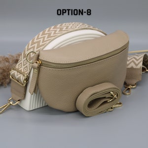 Taupe gouden leren buiktas voor dames met extra patroonriemen, leren schoudertas, crossbodytas met verschillende maten Option-8