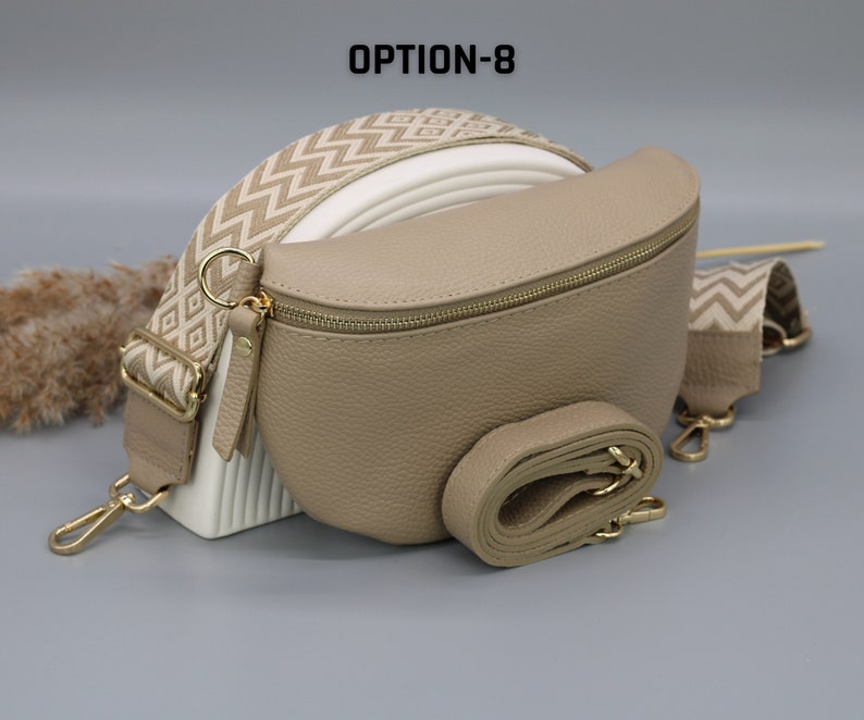 Taupe gouden leren buiktas voor dames met extra patroonriemen, leren schoudertas, crossbodytas met verschillende maten Option-8