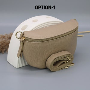 Taupe gouden leren buiktas voor dames met extra patroonriemen, leren schoudertas, crossbodytas met verschillende maten Option-1