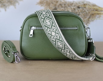 Grüne Khaki Leder Umhängetasche für Frauen mit extra gemusterten Trägern, Leder Schultertasche, Crossbody Tasche mit Reißverschluss Taschen