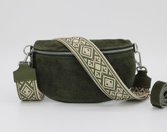 Suede Khaki Green Leather Belly Bag for Women with extra Patterned Straps, Leather Shoulder Bag, Crossbody Bag with Different Sizes