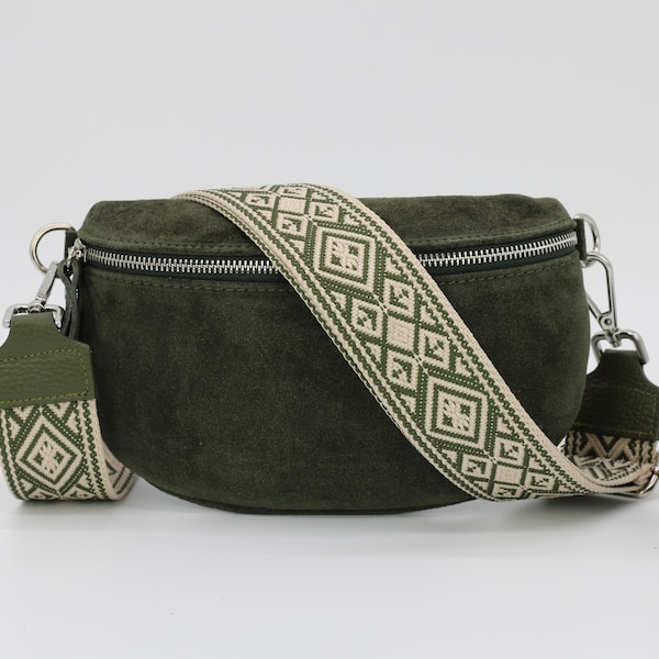 Suede Khaki Green Leather Belly Bag for Women with extra Patterned Straps, Leather Shoulder Bag, Crossbody Bag with Different Sizes