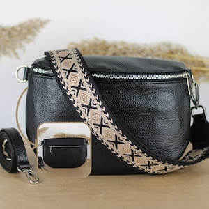 Black Leather Belly Bag with Silver zippered pockets, extra Patterned Straps, Leather Shoulder Bag, Crossbody Bag, gift for her