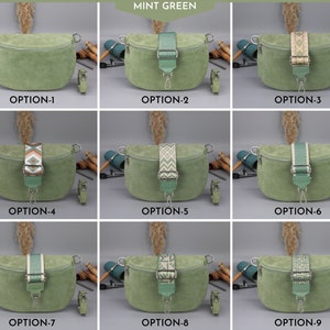 Wildleder Tasche für Frauen mit Reißverschlusstaschen, Leder Schultertasche extra Gemusterte Riemen Optionen, Weihnachtsgeschenk Mint Green