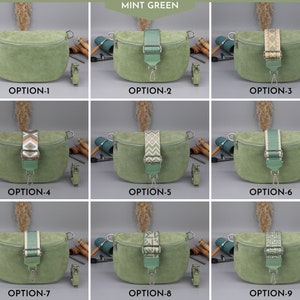 Sac en daim pour femme avec poches zippées, sac à bandoulière en cuir, options de sangles à motifs supplémentaires, cadeau de Noël Mint Green