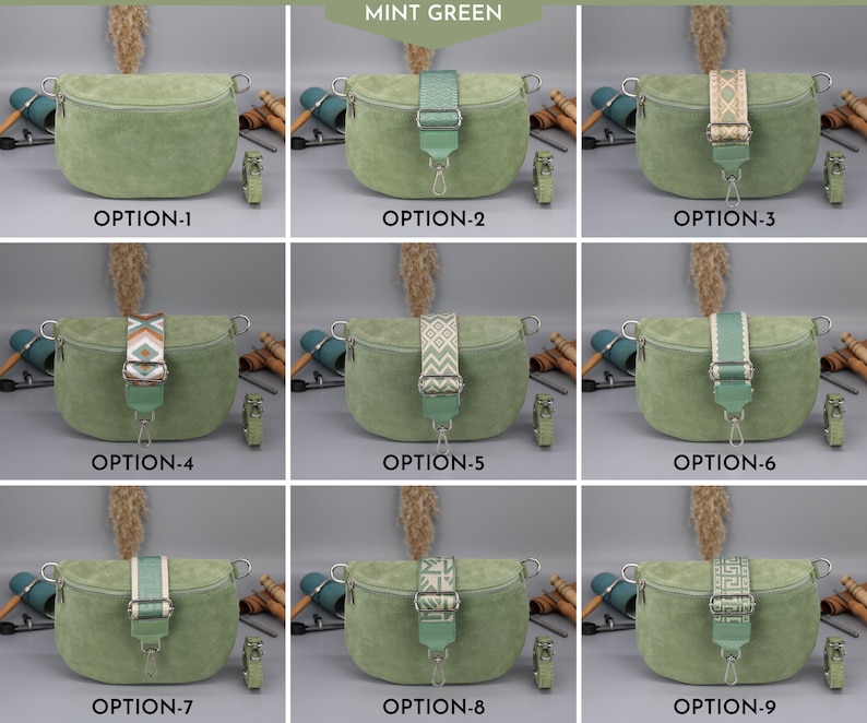 Sac en daim pour femme avec poches zippées, sac à bandoulière en cuir, options de sangles à motifs supplémentaires, cadeau de Noël Mint Green