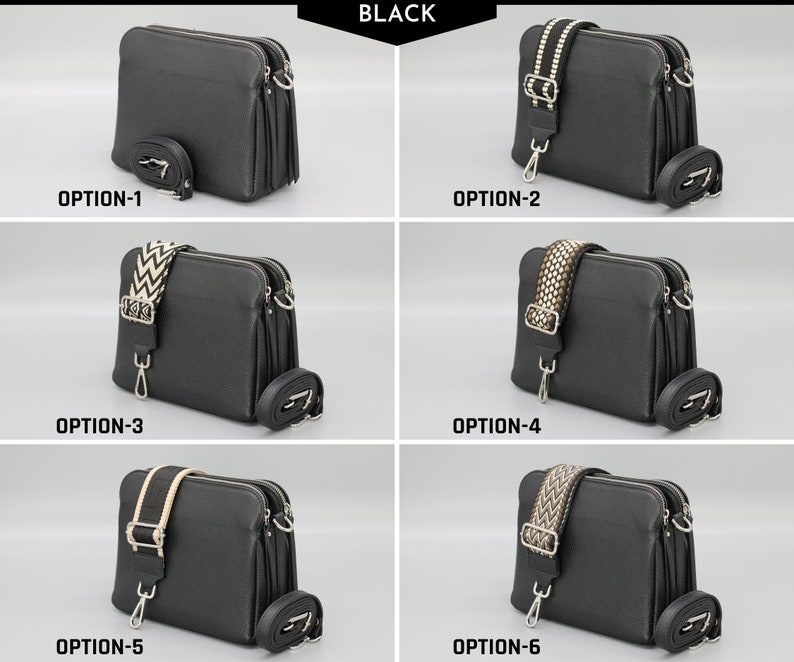 Leren Crossbody schoudertas voor dames met extra patroonriemen, leren schoudertas, Crossbody tas met verschillende kleuren Black