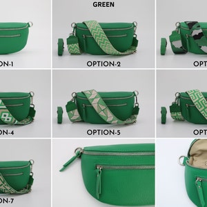 Medium Size Leather Belly Bag for Women with extra Patterned Straps, Leather Shoulder Bag with Zippered Pockets, Crossbody Bag Green