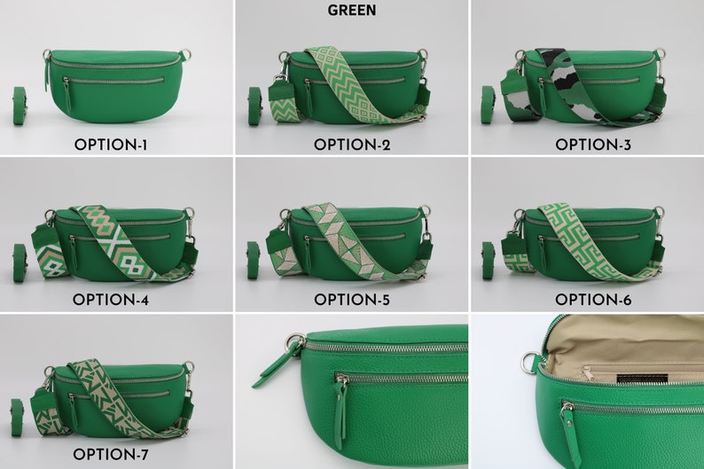 Medium Size Leather Belly Bag for Women with extra Patterned Straps, Leather Shoulder Bag with Zippered Pockets, Crossbody Bag Green