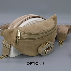 Sac de ventre en cuir taupe en daim pour femmes avec options de sangle à motifs supplémentaires, sac à bandoulière en cuir, sac crossbody avec différentes couleurs Option-7