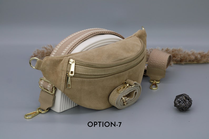 Sac de ventre en cuir taupe en daim pour femmes avec options de sangle à motifs supplémentaires, sac à bandoulière en cuir, sac crossbody avec différentes couleurs image 8