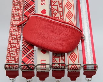 Red Leather Belly Bag for Women with extra Patterned Straps, Leather Shoulder Bag, Crossbody Bag with Different Sizes
