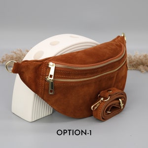 Cognac Brown Suede Leather Belly Bag for Women with extra Patterned Strap Options, Leather Shoulder Bag, Crossbody Bag with Different Colors Option-1