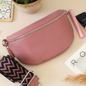Dusky Pink Leather Belly Bag for Women with extra Patterned Straps, Leather Shoulder Bag, Crossbody Bag with Different Sizes