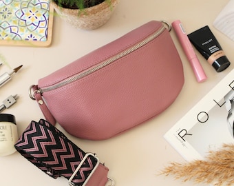 Dusky Pink Leather Belly Bag for Women with extra Patterned Straps, Leather Shoulder Bag, Crossbody Bag with Different Sizes
