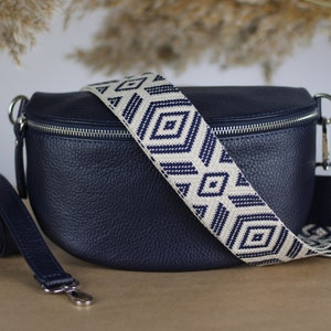 Navy Blue Leather Belly Bag for Women with extra Patterned Straps, Leather Shoulder Bag, Crossbody Bag with Different Sizes
