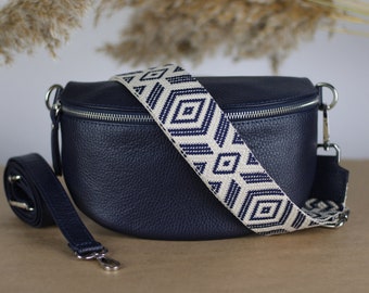 Navy Blue Leather Belly Bag for Women with extra Patterned Straps, Leather Shoulder Bag, Crossbody Bag with Different Sizes