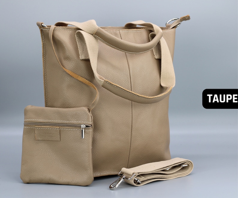 Leder Shopper Tasche für Frauen mit breitem Riemen, Frauen Umhängetasche, Große Beuteltasche, Einkaufstasche mit Reißverschluss, Geschenk für sie, Weihnachtsgeschenk TAUPE