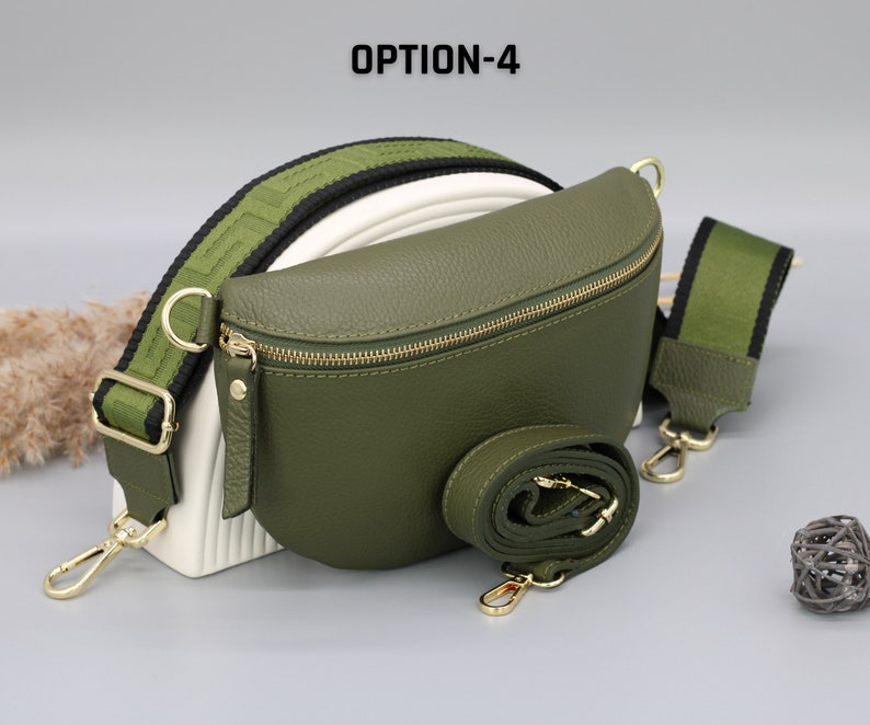 Khaki Olive Green Gold Leather Belly Bag for Women with extra Patterned Straps, Leather Shoulder Bag, Crossbody Bag with Different Sizes Option-4