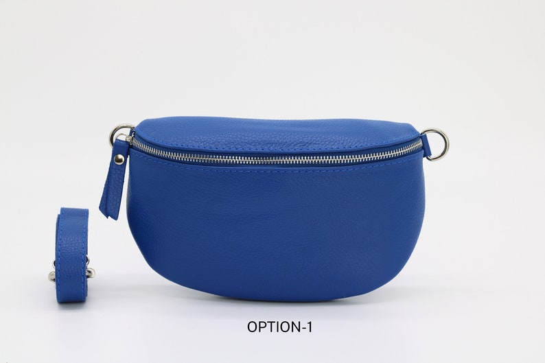 Royal Blau Leder Bauchtasche für Frauen mit extra gemusterten Riemen, Leder Schultertasche, Crossbody Bag mit verschiedenen Größen Option-1