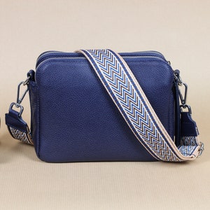 Navy Blue Leather Crossbody Shoulder Bag for Women with extra Patterned Straps, Leather Shoulder Bag, Crossbody Bag with Different Colors