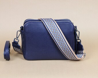 Bolso bandolera de cuero azul marino para mujer con correas extra estampadas, bolso bandolera de cuero, bolso bandolera con diferentes colores