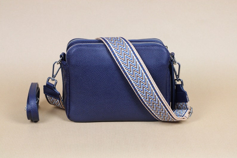 Navy Blue Leather Crossbody Shoulder Bag for Women with extra Patterned Straps, Leather Shoulder Bag, Crossbody Bag with Different Colors